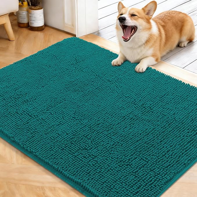 OLANLY Dog Door Mat for Muddy Paws 40x32, Absorbs Moisture and Dirt, Absorbent Non-Slip Washable Doormat, Quick Dry Chenille Mud Mat for Dogs, Entry Indoor Entryway Carpet for Inside Floor, Lake Blue