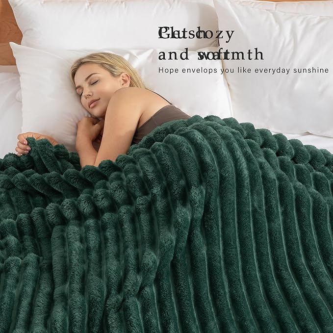 Exclusivo Mezcla Twin Size Flannel Fleece Blanket, Super Soft Striped Jacquard Bed Blanket, Lightweight Fuzzy Cozy for All Seasons, 60x80 Inches, Forest Green