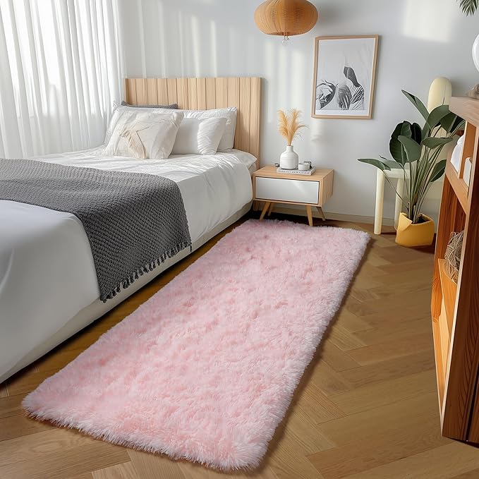 ONASAR Pink Runner Rugs for Bedroom Living Room, 2x6 Bedside Hallway Fluffy Area Rug, Ultra Soft Plush Furry Faux Fur Non Slip Floor Carpet for Nursery Kids Dorm Closet Home Decor Aesthetic