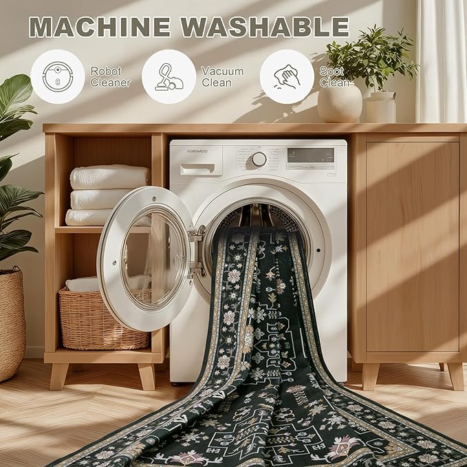 Area Rugs 10x12 Living Room Rug: Washable Rug Soft Vintage Boho Medallion Carpet Indoor Floor Non-Slip Stain Resistant Large Carpets for Bedroom Dining Room Farmhouse Nursery Home Office Black
