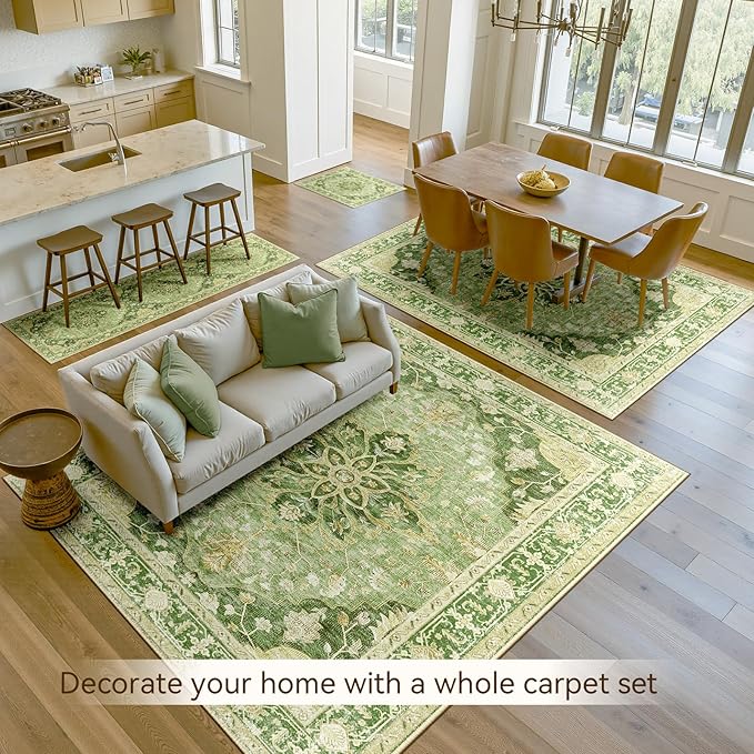 Area Rugs 3'x5' Washable Non-Slip, Floral Vintage Distress Print Pattern Medallion Carpet for Living Room Bedroom Dining Room, Sage Green Yellow