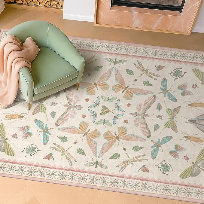 Hazo Haus Neutral Girl Nursery Rug 4x6 - Beige & Pink Rugs for Bedroom, Living Room - Washable Low Pile Non-Slip Charming Insect Print Vintage Girly Design, Perfect for Kids Rooms