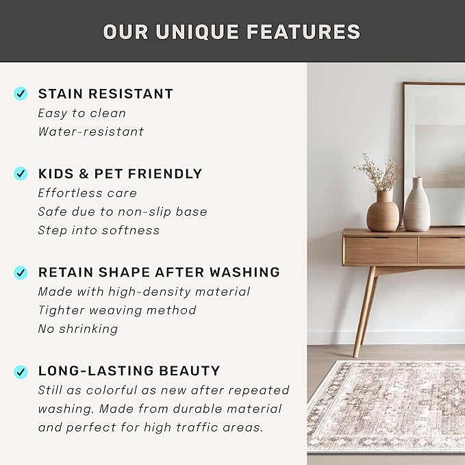 Hazo Haus Non Slip Hallway Runner Rug - 2 x 10 Runner Rug, Washable & Waterproof Kitchen Floor Mat - Extra Long Neutral Farmhouse Boho Design Décor (2x10 Beige/Latte)