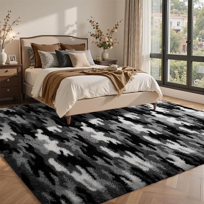 4x6 Ft Shag Rugs for Bedroom Living Room, Tie-Dyed Ultra Soft Fluffy Furry Area Rugs for Indoor Floor, Aesthetic Carpet for Kids Home Decor (Grey)