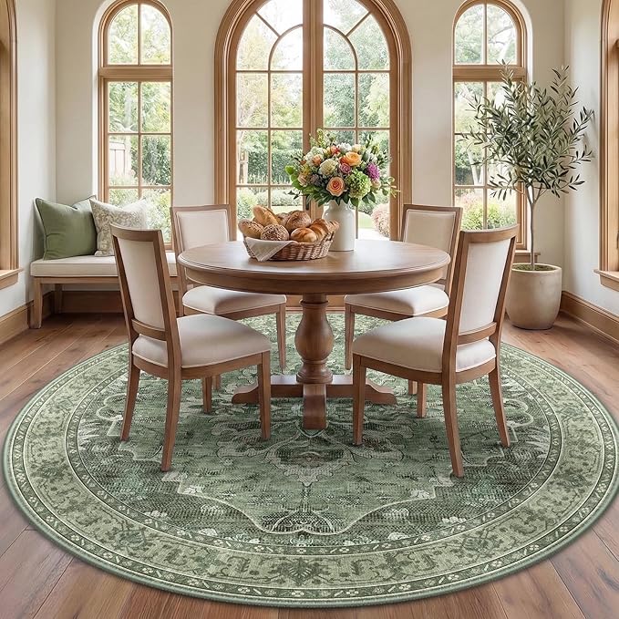 RELEANY Area Rugs 7ft Washable Non-Slip, Floral Vintage Distress Print Pattern Medallion Carpet for Living Room Bedroom Dining Room, Dark Green Gray