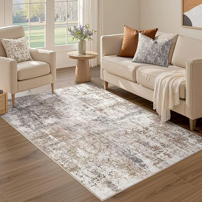 UERMEI 3x5 Area Rug Living Room Rugs - Washable Neutral Modern Abstract Soft Thin Rug Indoor Floor No Slip Rug Carpet for Bedroom Under Dining Table Home Office Decor - Brown/Grey/Red