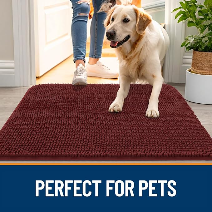 OLANLY Dog Door Mat for Muddy Paws 59x32, Absorbs Moisture and Dirt, Absorbent Non-Slip Washable Doormat, Quick Dry Chenille Mud Mat, Entry Indoor Entryway Carpet for Inside Floor, Caramel Russet