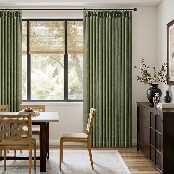 MIULEE Olive Green Pinch Pleated Thick Linen Curtains 84 Inches Long 2 Panels for Living Room Bedroom, Linen Texture Memory Trained Drapes Pleat Back Tab Semi Sheer Moss Green Track System Curtains