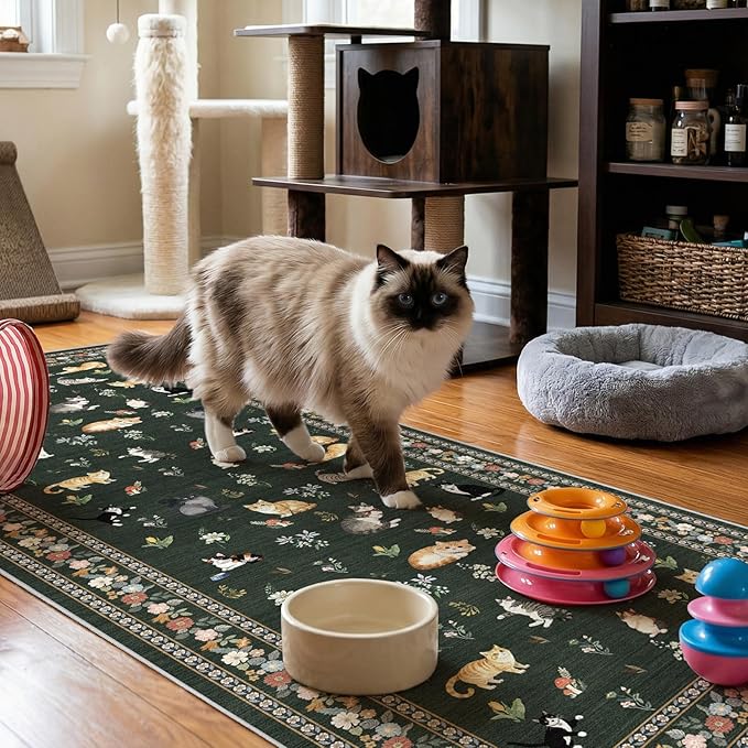 3x7 Washable Kitchen Runner Rug - Soft Low Pile Floral Animal Cat Print Rugs with Non-Slip Backing Waterproof Stain-Resistant Indoor Carpet for Hallway Entryway Bathroom Bedroom (Sage Green)