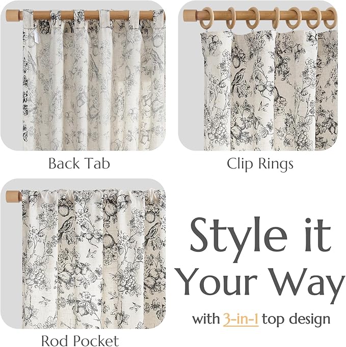 jinchan Linen Floral Curtains for Living Room 96 Inch Length Black Printed Flower Light Filtering French Country Curtain Farmhouse Cottage Core Toile Curtains Back Tab Window Drapes Set 2 Panels