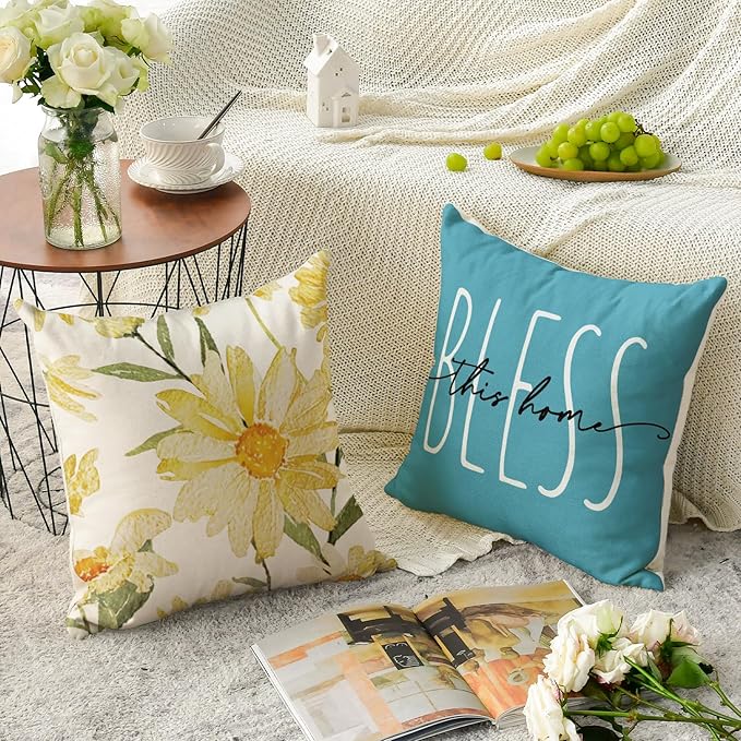 AVOIN colorlife Home Sweet Home Spring Summer Flowers Yellow Throw Pillow Covers, 18 x 18 Inch Blue Cushion Case for Sofa Couch Set of 4