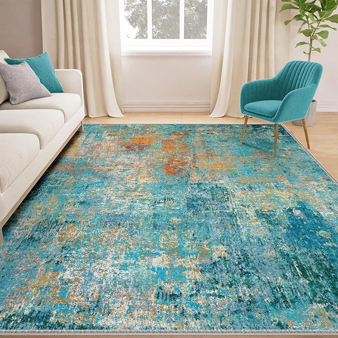 Washable Area Rugs 6'x8' Non-Slip Modern Abstract Soft for Living Room Entryway Bedroom Nursery, Print Pattern, Teal Blue Green Orange Rust Red Colorful