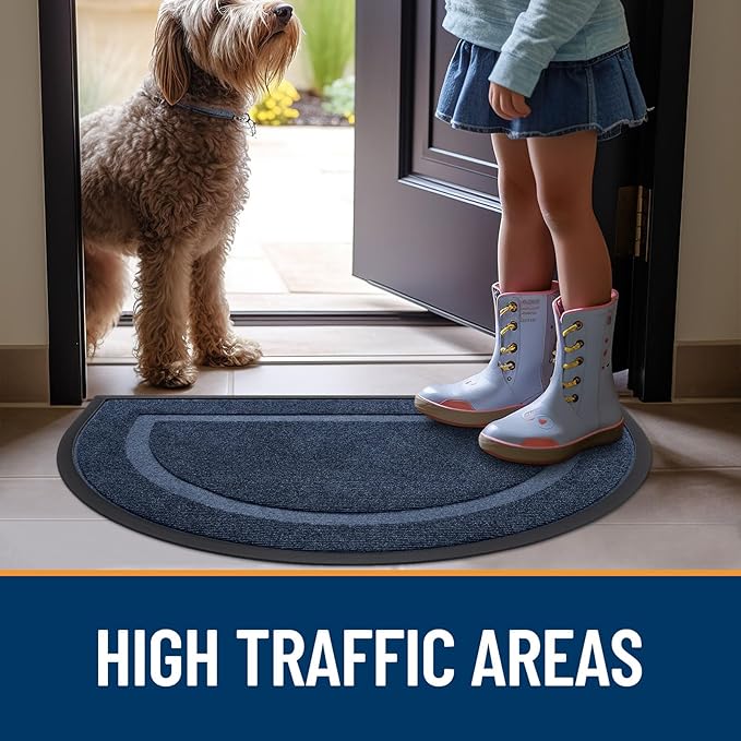 OLANLY Half Circle Door Mat Indoor Outdoor Entrance Welcome, Waterproof All-Season, All-Weather Doormat, Sturdy Natural Rubber, Low Profile, Easy Clean Patio Porch Entryway Mat, 47x32, Blue