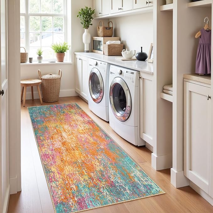 Washable Area Rugs 2'x6' Non-Slip Modern Abstract Soft for Living Room Entryway Bedroom Nursery, Print Pattern, Orange Blue Pink Yellow Colorful