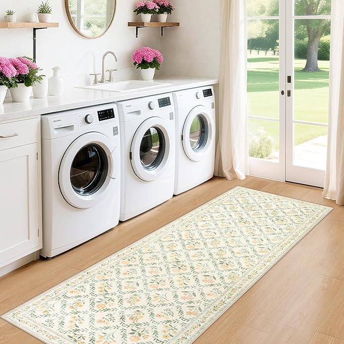 Runner Rug for Entryway: 2.6x8 Kitchen Rugs Non Slip Washable Ultra-Thin Soft Floral Carpet Indoor Floor Stain Resistant Carpets for Hallway Bedroom Kitchen Laundry Bathroom Dorm Beige/Multi