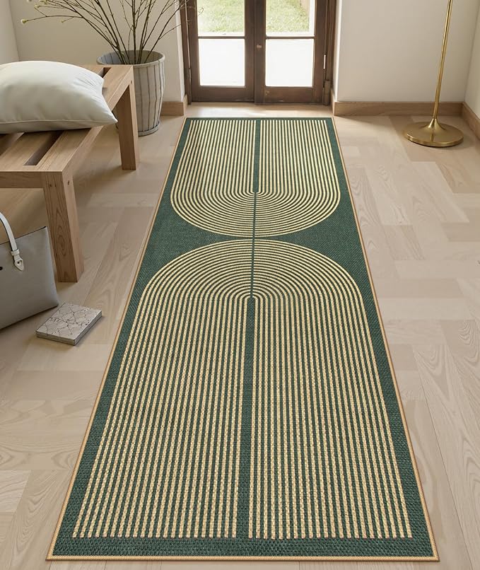 Lahome Enfys Modern Rainbow Easy Jute Kitchen Runner, 2x8 Indoor Outdoor Runner Rug for Hallway Entryway, Farmhouse Dark Green Non Slip Floor Carpet for Bedroom Foyer Laundry Room