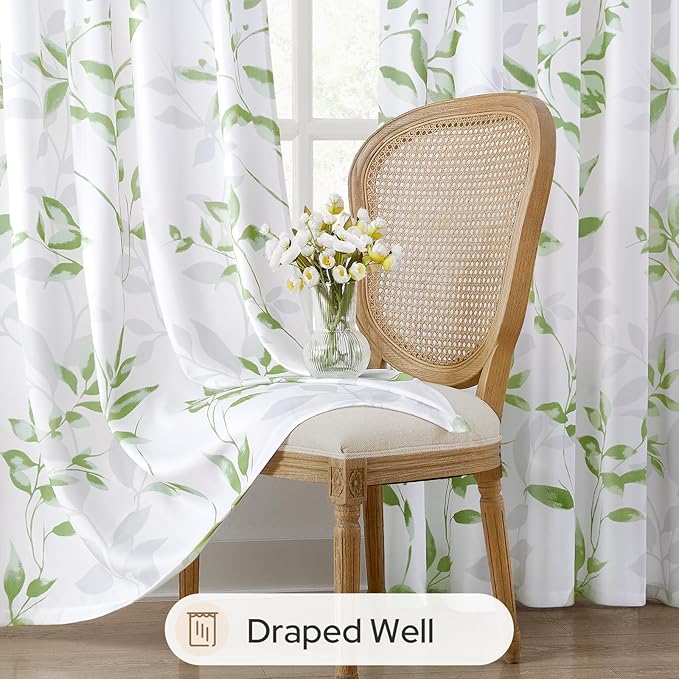 HOMEIDEAS Kitchen Curtains, Short Non-See-Through Privacy 30X36 Inch Length Tier Curtains, Green and White Leaf Floral Print Light Filtering Semi Sheer Small Window Drapes for Bathroom Cafe, 2 Panels