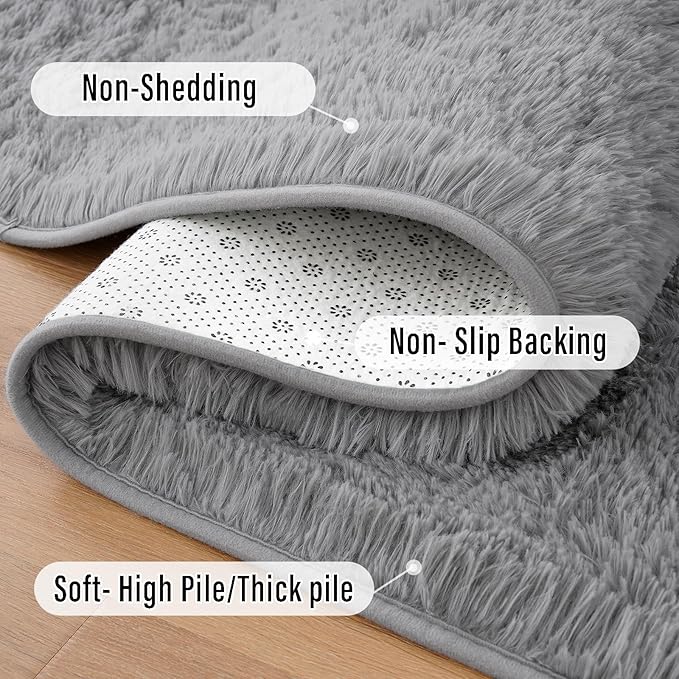 Amearea Shag Small Rug, Fluffy 2x4 Feet Throw Rugs for Bedroom Girls Living Room, Extra Soft and Fuzzy Shaggy Carpet, Non Slip, Solid Color Nursery Home Floor Decor Carpets, Grey