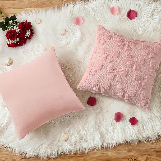 decorUhome Pink Bow Pillow Covers Set of 2 Coquette Aesthetic Cute Preppy Plush Faux Pillowcases for Girly Bedroom or Couch 20x20 Inch