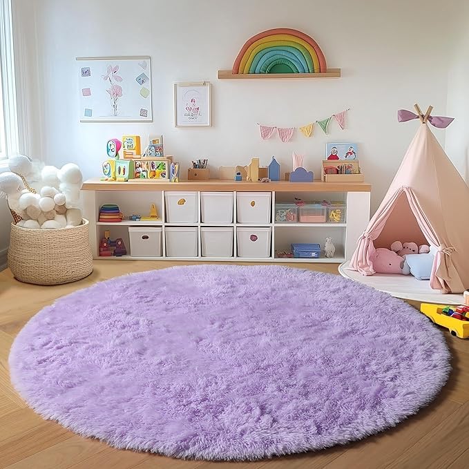 ONASAR Light Purple Round Area Rugs 5ft, Soft Bedroom Circle Rug Floor Mats for Kids Girls Teen, Cute Fluffy Plush Shaggy Carpet for Nursery Dorm Living Room Playroom Home Decor Princess Castle