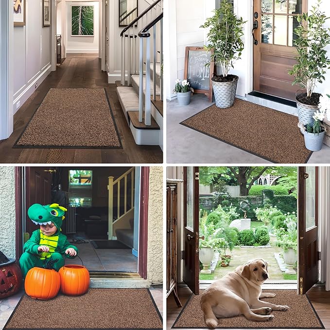 Mibao Front Door Mat, Dirt Trapper Welcome Mat for Outdoor Indoor, Non-Slip Waterproof Doormat, Durable Machine Washable Low Profile Entry Rug for Back Door Outside Patio Porch, 48" x 36", Brown