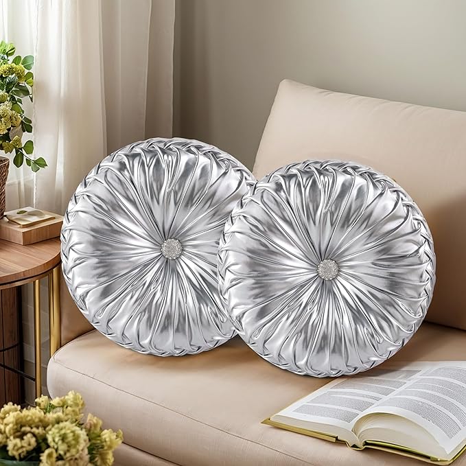 HIG Set of 2 Handcrafted Silver Ruched Round Throw Pillows – 14.5’’ Metallic Leather Decorative Pillows with Soft Polyester Filling for Couch, Bed, Living Room, Bedroom, or Dorm