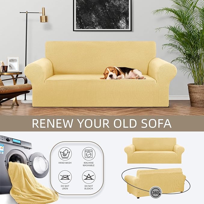 KEKUOU Stretch Loveseat Sofa Cover Slipcover,Couch Covers for 2 Cushion Couch Sofa (55"-78") Furniture Protector Sofa with Elastic Bottom for Kids,Dog. Jacquard Small Checked(Medium,Champagne)