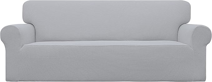 Easy-Going Stretch Oversized Sofa Slipcover 1-Piece Sofa Cover Furniture Protector Couch Soft with Elastic Bottom for Kids, Polyester Spandex Jacquard Fabric Small Checks Silver Gray