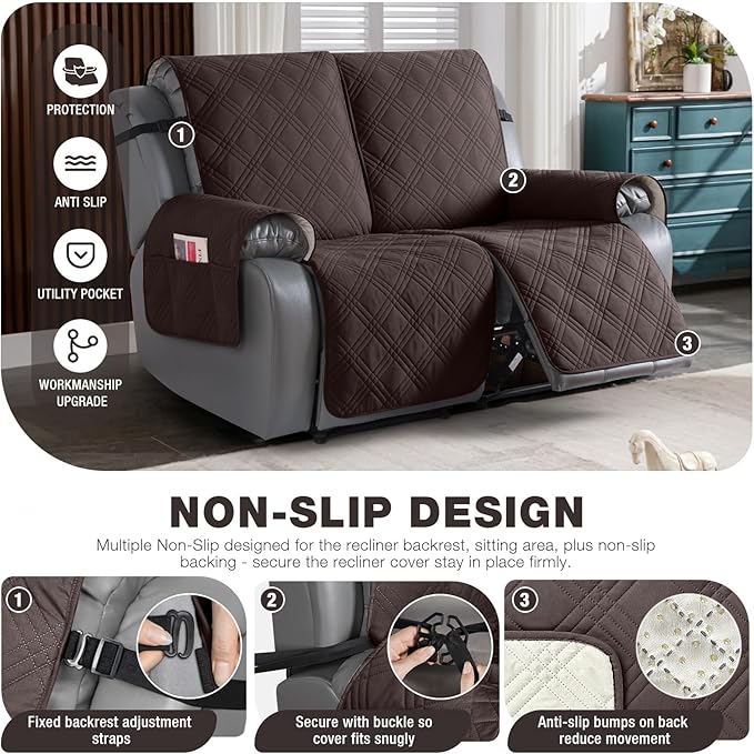 TAOCOCO 100% Waterproof Loveseat Recliner Cover, Non Slip Split Loveseat Covers for Reclining Sofa with Elastic Straps, Washable Recliner Chair/Furniture Protector for Pets(2 Seater, Chocolate)