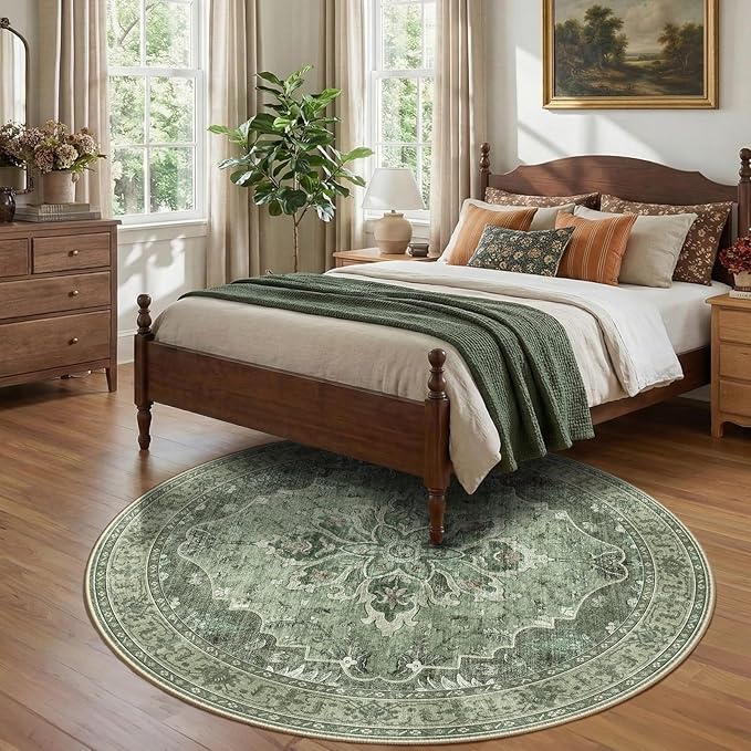 RELEANY Area Rugs 7ft Washable Non-Slip, Floral Vintage Distress Print Pattern Medallion Carpet for Living Room Bedroom Dining Room, Dark Green Gray