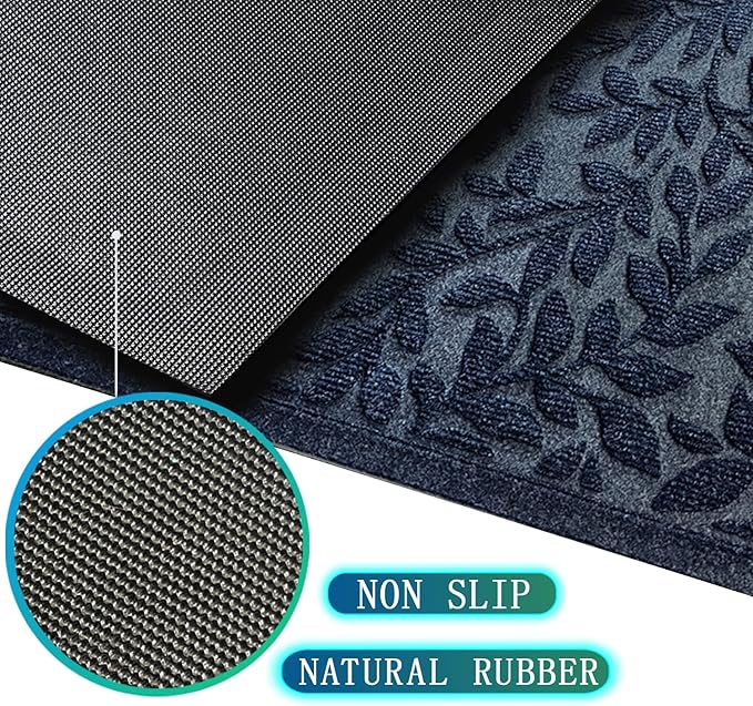 Bulijojo Sturdy Front Entrance Doormats,Durable Heavy Duty Welcome Mat,Thick Absorbent Natural Rubber Non Slip Mat,Easy Clean Entryway Mat Leaves Blue 23"x35"