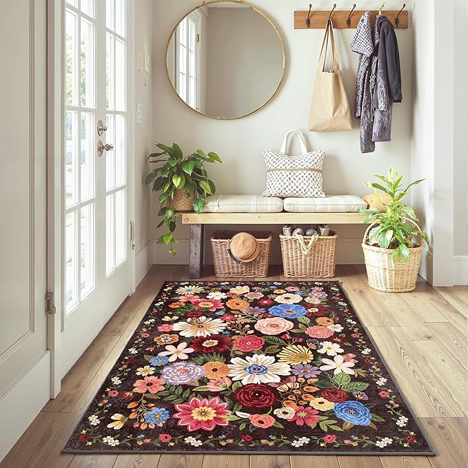 Floral Machine Washable Rug Black/Brown, 3x5 Rug Non Slip Soft Bedroom Rugs for Entryway Dorm, Ultra-Thin Rugs for Bedroom Stain Resistan(3 x 5, Black/Brown)