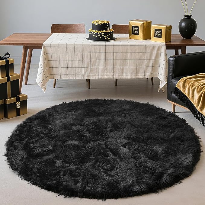 yulidayang Black Fluffy Round Area Rugs for Bedroom,5'X5'Shag Circle Area Rugs for Living Room,Non Slip Fuzzy Plush Rug for Kids Room Boys Girls Room and Dorm Home Decor Rug