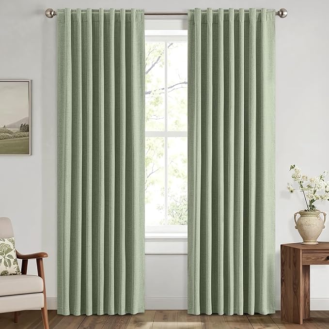MIULEE 100% Blackout Linen Curtains for Bedroom, Sage Green Solid Luxury Decor Thermal Insulation Room Darkening Drapes for Living Room Nursery Back Tab Rod Pocket 42 x 63 Inches, 2 Panels