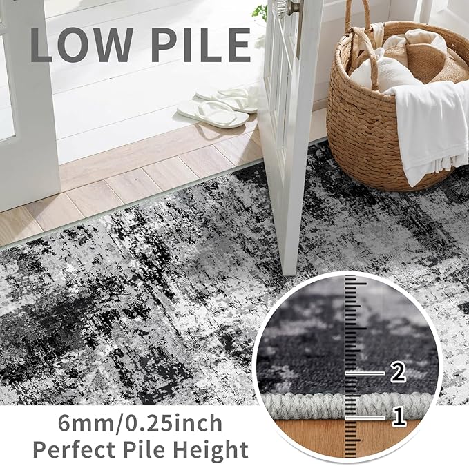 2x6 Washable Runner Rugs for Hallway: Easy-to-Clean Abstract Runners for Entryway Bedroom - Stain and Water Resistant Rugs with Non-Slip Backing - Soft Low-Pile Carpet Black Grey