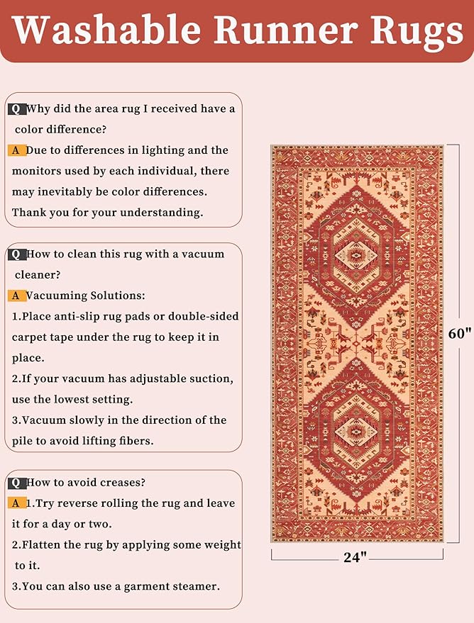 SERISSA Boho Washable Runner Rug, 2x5 Rug Runner Non-Slip Vintage Red Hallway Kitchen Runner Rug Ultra Soft Print Distressed Floor Carpet Runner for Bedroom Bathroom Laundry Living Room