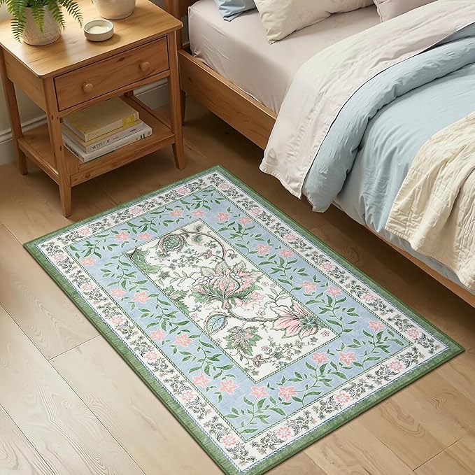 GarveeHome Blue Green Pink 2x3 Door Mat Indoor Rugs for Entryway Provence Small Botanical Grove Cottage core Washable Non-Slip Low-Pile Rug for Bedroom Bathroom Entrance TPE Backing