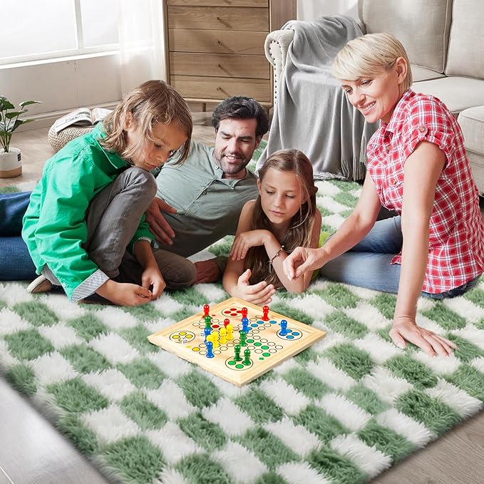 Large Area Rugs for Living Room Bedroom,9x12 Green and White Fluffy Soft Checkered Rug Fuzzy Shag Shaggy Carpet, Indoor Plush Floor Rugs for Kids Boys Girls Teen Dorm Nursery Home Decor