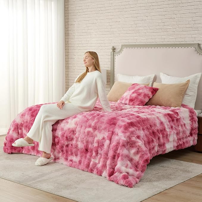Cozy Bliss Faux Fur Throw Blanket for Bed King Size, Bubble Plush Blanket, Fuzzy Soft & Thick Blanket for Bed Sofa Living Room, 108x90 Inches Tie-dye Pink