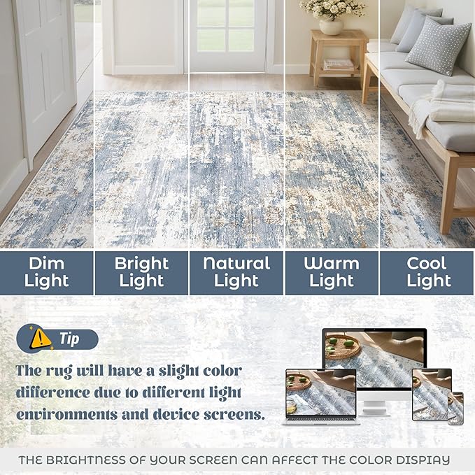 XLUEZ 10x14 Area Rugs for Living Room, Washable Modern Abstract Large Area Rug Neutral Soft Non Slip Kids Rug Stain Resistant Indoor Carpet for Bedroom Dining Room Playroom Home Office(Blue, 10'x14')