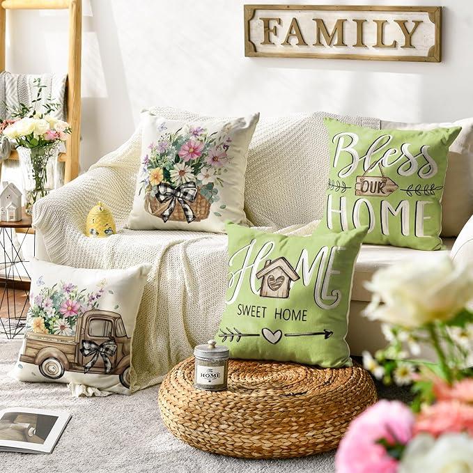 AVOIN colorlife Bless Our Home Eucalyptus Leaves Throw Pillow Covers, 16 x 16 Inch Spring Summer Truck Cushion Case for Home Sofa Couch Set of 4