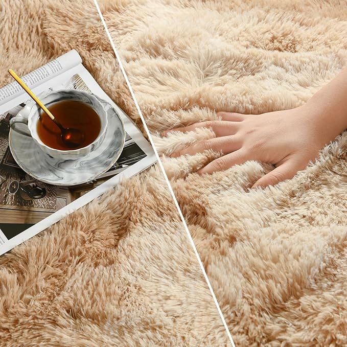 Deerhoo Large Shag Area Rugs 9 x 12, Tie-Dyed Plush Fuzzy Rugs for Living Room, Ultra Soft Fluffy Furry Rug for Bedroom, Indoor Carpet Nursery Rugs for Kids Room Home Decor, Beige