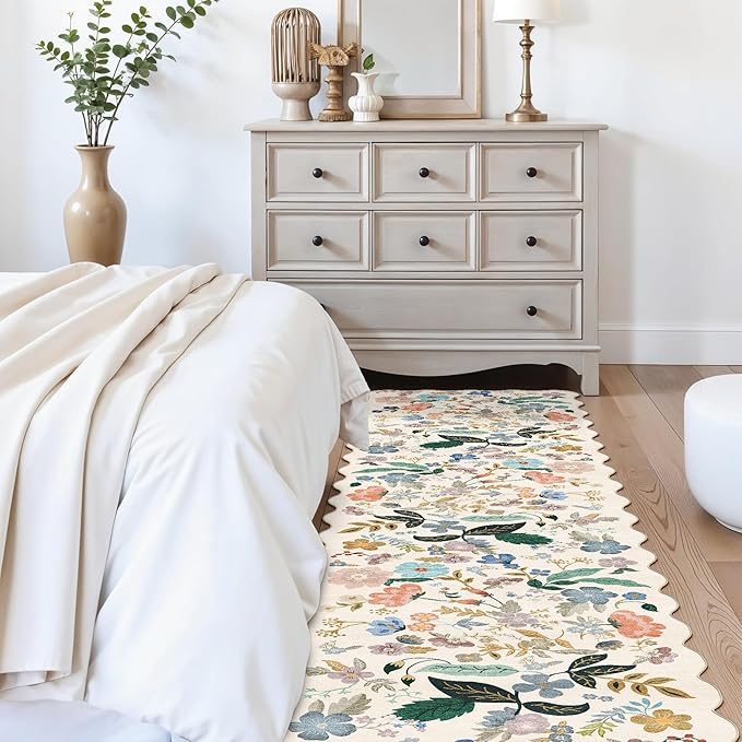 Washable Hallway 2'6x12 Runner Rug: Floral Scalloped Rug for Kitchen Entryway Farmhouse Soft Carpet for Bathroom Bedroom Thin Laudry Living Room Floor Mat with Non Slip Backing(2'6''x12',Cream)