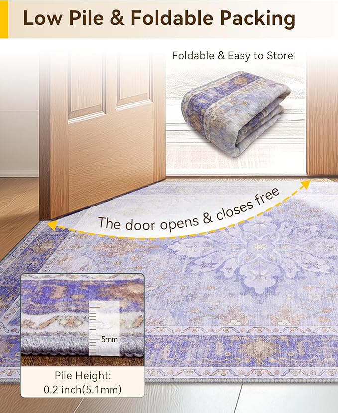 RELEANY Area Rugs 2'x8' Runner Rug Non Slip Washable for Kitchen Hallway Bedroom Beside Laundry Room Bathroom Rug, Floor Carpet, Light Purple Brown