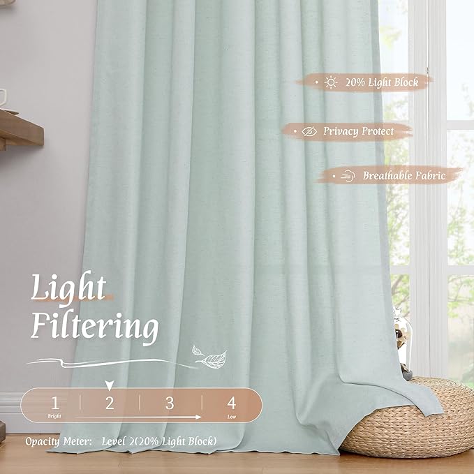 LAMIT Linen Curtains 63 Inch for Bedroom, Light Filtering Neutral Semi Sheer Window Treatment Farmhouse Curtains Rod Pocket Panels for Living Room/Dining Room, 2 Panels, 42 x 63 Inch, Light Blue