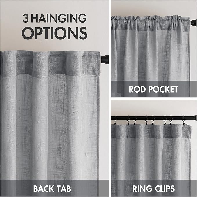 MIULEE Grey Linen Curtains 84 Inch Length for Bedroom Living Room, Soft Thick Linen Textured Window Drapes Gray Semi Sheer Light Filtering Back Tab Rod Pocket Burlap Look Decor, 2 Panels