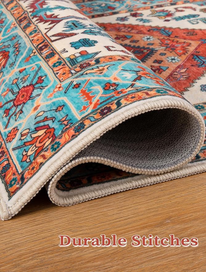 SERISSA Boho Washable Runner Rug, 2'6"x8' Rug Runner Non-Slip Vintage Orange Hallway Kitchen Runner Rug Ultra Soft Print Distressed Tribal Floor Carpet Runner for Bedroom Bathroom Laundry Room