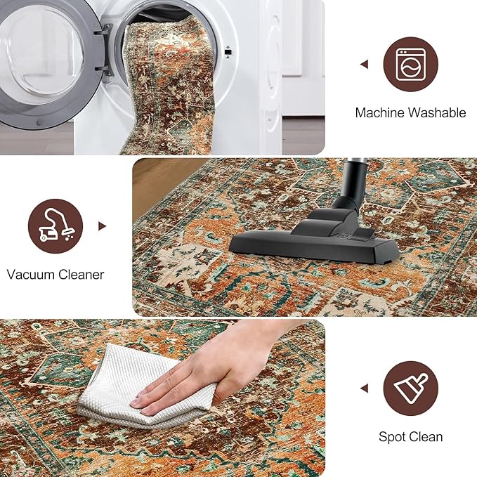 Yamaziot Washable Runner Rug, 3x8 Non-Slip Boho Vintage Hallway Rug with Rubber Backing, Low Pile Faux Wool Distressed Carpet Runner for Bedroom, Kitchen, Laundry, Entrance