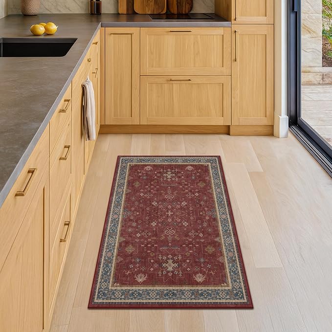 Hazo Haus Burgundy 2x4 Washable Entry Rug for Inside House, Kitchen Floor, Thin Door Mats for Inside Entry, Washable Non Slip Low Pile Stain & Fade Resistant, Modern Eclectic Floral Decor
