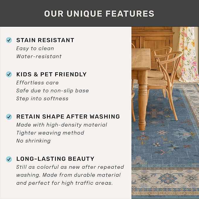 Hazo Haus Light Blue 2x8 Long Washable Runner for Hallway - Boho Non Slip Door Mats Indoor Entrance, Vintage Floral Runner Rugs for Kitchen Non Skid, Low Pile & Soft Indoor Décor